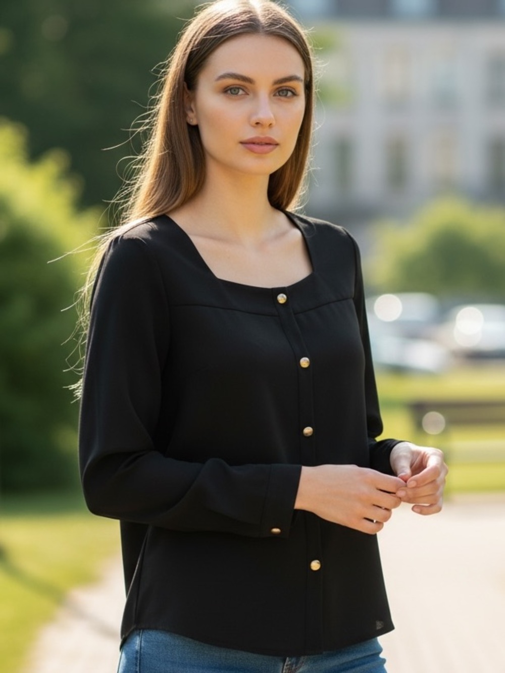 Classic Black Square-Neck Long Sleeve Blouse with Gold Buttons